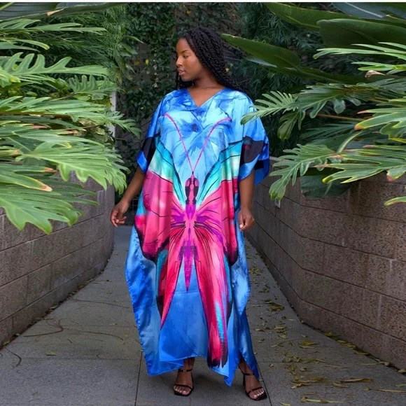 CARESS BLUE PINK BUTTERFLY MIX S-4XL LOUNGE COVERUP ROBE CAFTAN DRESS KA… - Picture 2 of 3